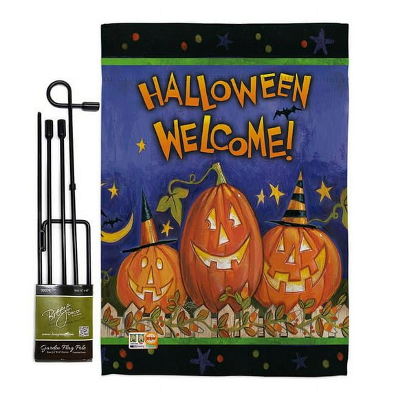 Breeze Decor BD-HO-GS-112079-IP-BO-D-US18-WA 13 x 18.5 in. Halloween Welcome Fall Vertical Double Sided Mini Garden Flag Set with Banner Pole