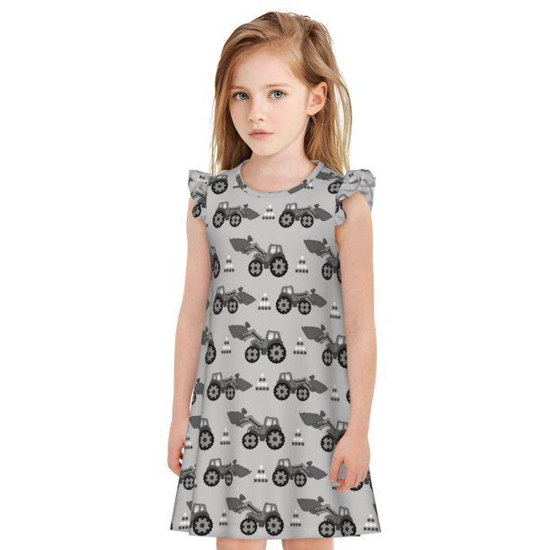 Fotbe Gray Tractor Vestido de Dormir para Niñas de 3 a 10 Años, Mangas Cortas, Estilo Princesa, Pijama Camisón con Mangas Voladas-Large