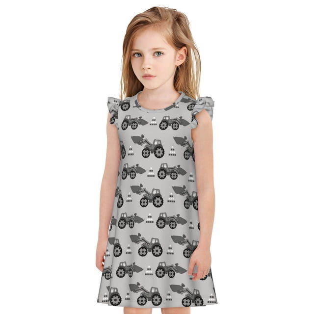 Fotbe Gray Tractor Vestido de Dormir para Niñas de 3 a 10 Años, Mangas Cortas, Estilo Princesa, Pijama Camisón con Mangas Voladas-XX-Large
