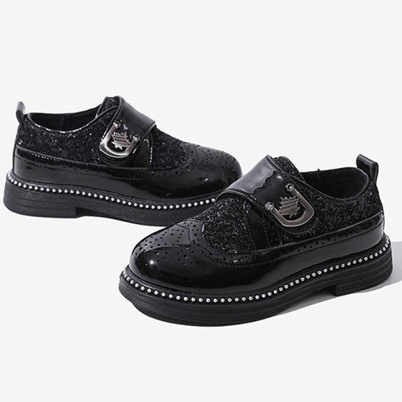 Boys Sequin Dress Shoes, Hook-and-Loop Formal Performance Flats, Sole Party Shoes for Kids