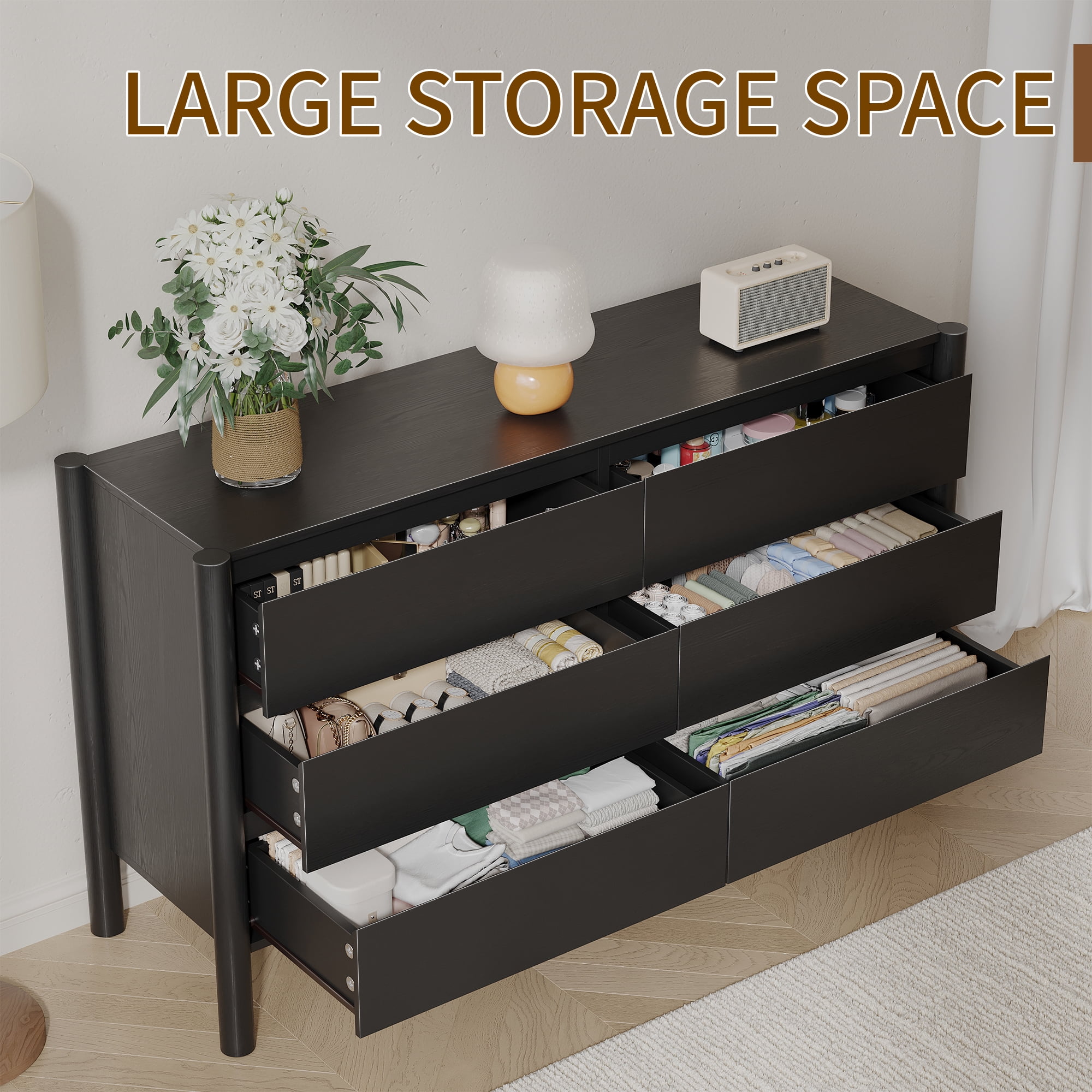 HOUROM Dresser for Bedroom,6-Drawers,47" Wide Farmhouse Large Dressers & Chest,4 Solid Wood Legs,TV Stand, Storage Organizer Furniture for Bedroom(Black)