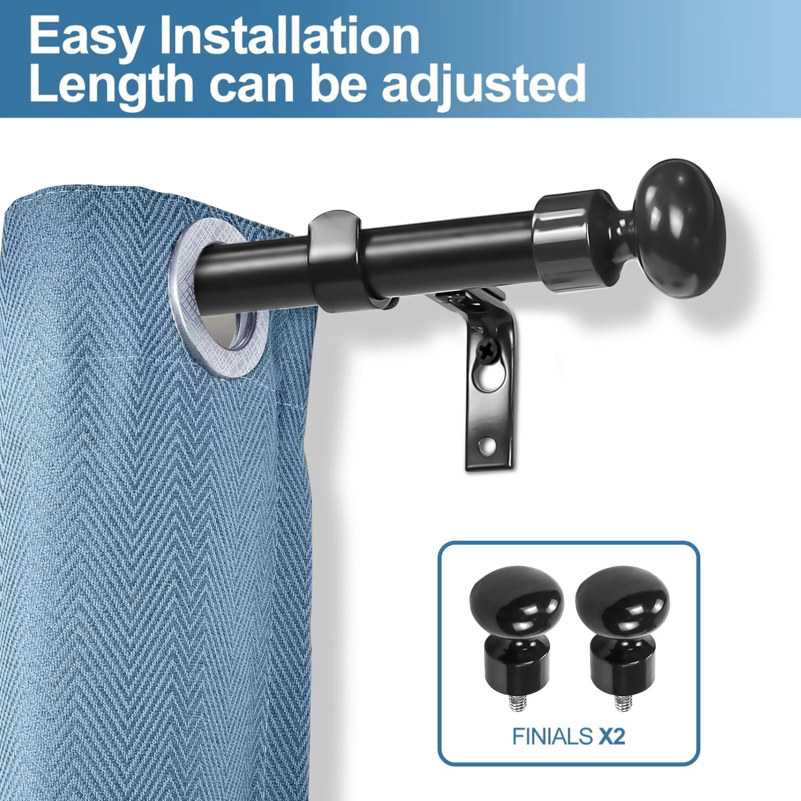 Urbanest Oval Designer Single Curtain Rod – Decorative Metal Finials, 5/8" Diamter Drapery Hardware Set Window Treatments, 28" to 48", Matte Black