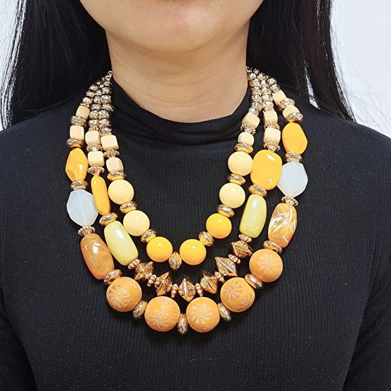 Bocar 3 Layer Chunky Statement Beaded Necklace and Earrings Set, Fashion Multi Layer Women Collar Necklace Jewelry Set (NK-10625-Amber Yellow Set)