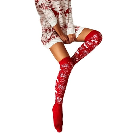 

JYYYBF Women s Christmas Thigh High Socks Snowflake Print Knit Over The Knee Stockings Fuzzy Boot Socks for Fall Winter Red One Size