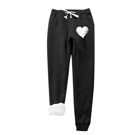 VERUGU Women Leggings Fall Winter Fashion Heart Print Lamb Fleece Elastic Drawstring Pockets Thick Warm Casual Trousers Black L
