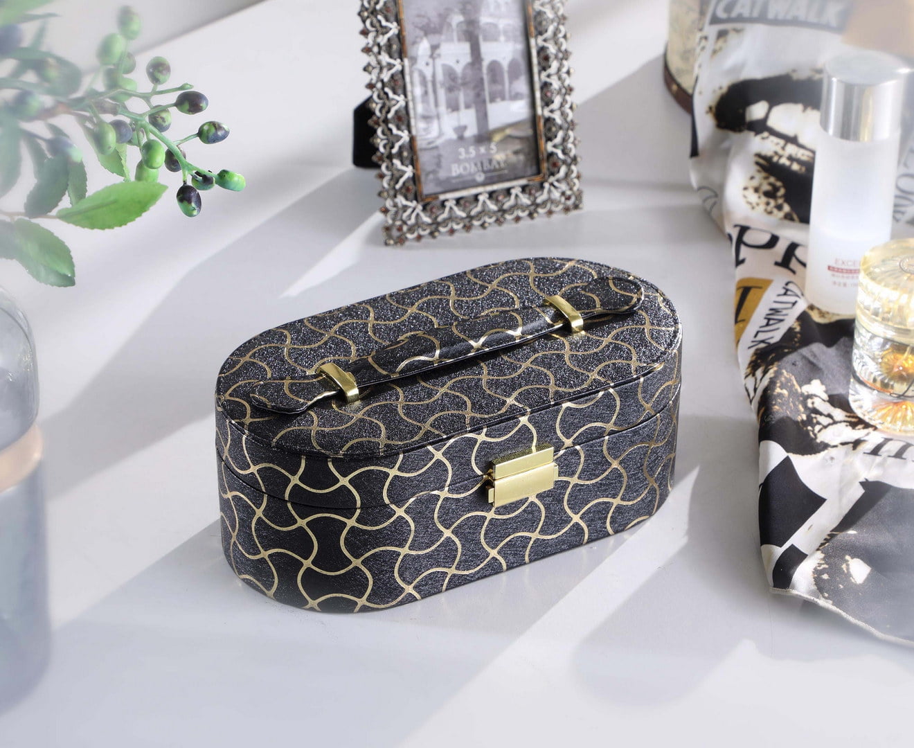9.5" Long Leather Jewelry Organizer Case with Mirror, Gold Swirl Pattern, Black, for Earrings, Rings, Necklaces and Bracelets, Travel Jewelry Box for Women
