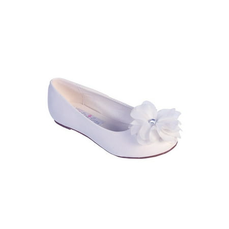 Large Float - Little Girls White Chiffon Rhinestone Large Flower Adorned Flats 5-10 Toddler