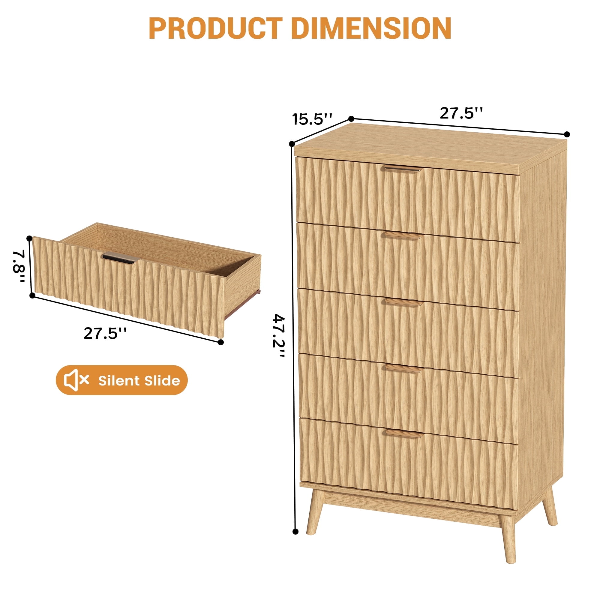 47" Tall 5 Fluted Drawer Dresser, Solid Wood Chest of Drawers with Glossy Handle, Storage Cabinet for Bedroom, Living Room, Entryway