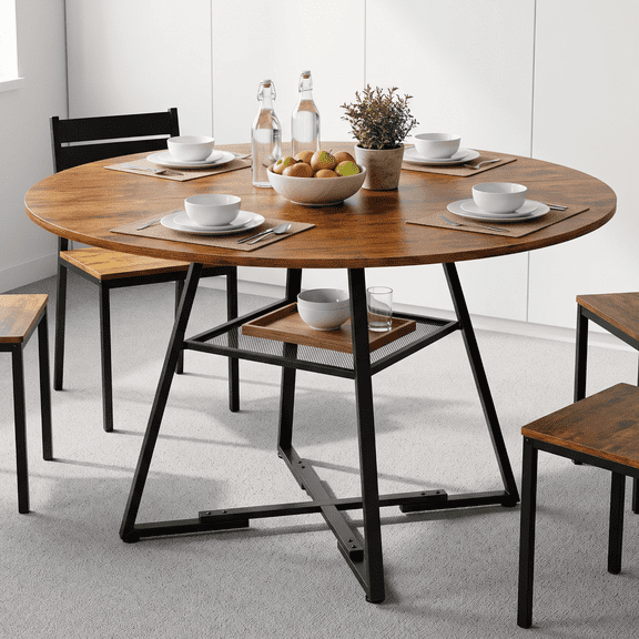 SHOUFTW 47 Inch Round Dining Table for 4-6, Farmhouse Kitchen & Dining Room Table with Dual-Tier Storage Shelf, Heavy-Duty Pedestal Metal Frame, Space-Saving Circular Table for Apartment, Rust