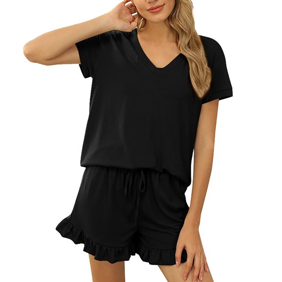 Skpblutn Womens Shorts Spring And Summer Solid Color Casual Drawstring Short Sleeve Pajamas Home Set Shorts for Women Black L