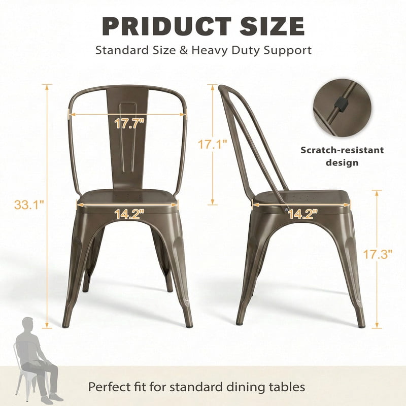VINEEGO Metal Dining Chair Indoor-Outdoor Use Stackable Classic Trattoria Chair Fashion Dining Metal Side Chairs for Bistro Cafe Restaurant Set of 4 (Gun)