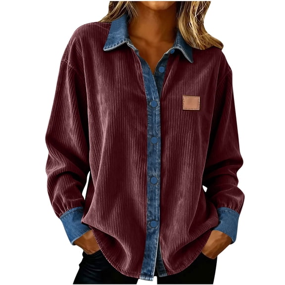 JSKUMAR Women's Corduroy Patchwork Shirts Casual Long Sleeve Collared Button Down Blouse Jackets Shackets with Pocket (Wine,XL)