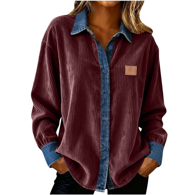 BLVB Womens Corduroy Button down Shirts Denim Lapel Dressy Casual Long Sleeve Blouses Oversized Spring Fall Tops Jackets Shackets