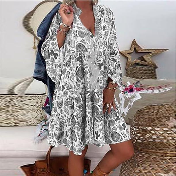 WILLBEST Vestidos con Curvas para Mujer Vestido Mini Holgado de Talla Grande con Estampado de Manga Larga y Cuello En V con Botones para Mujer Extra Grande