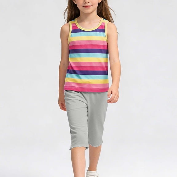 Frnrwgo 2 Piece Girls Outfit Coloforful Striped Sleeveless Top and Cropped Pants Sets For Summer Size 1-12 Years