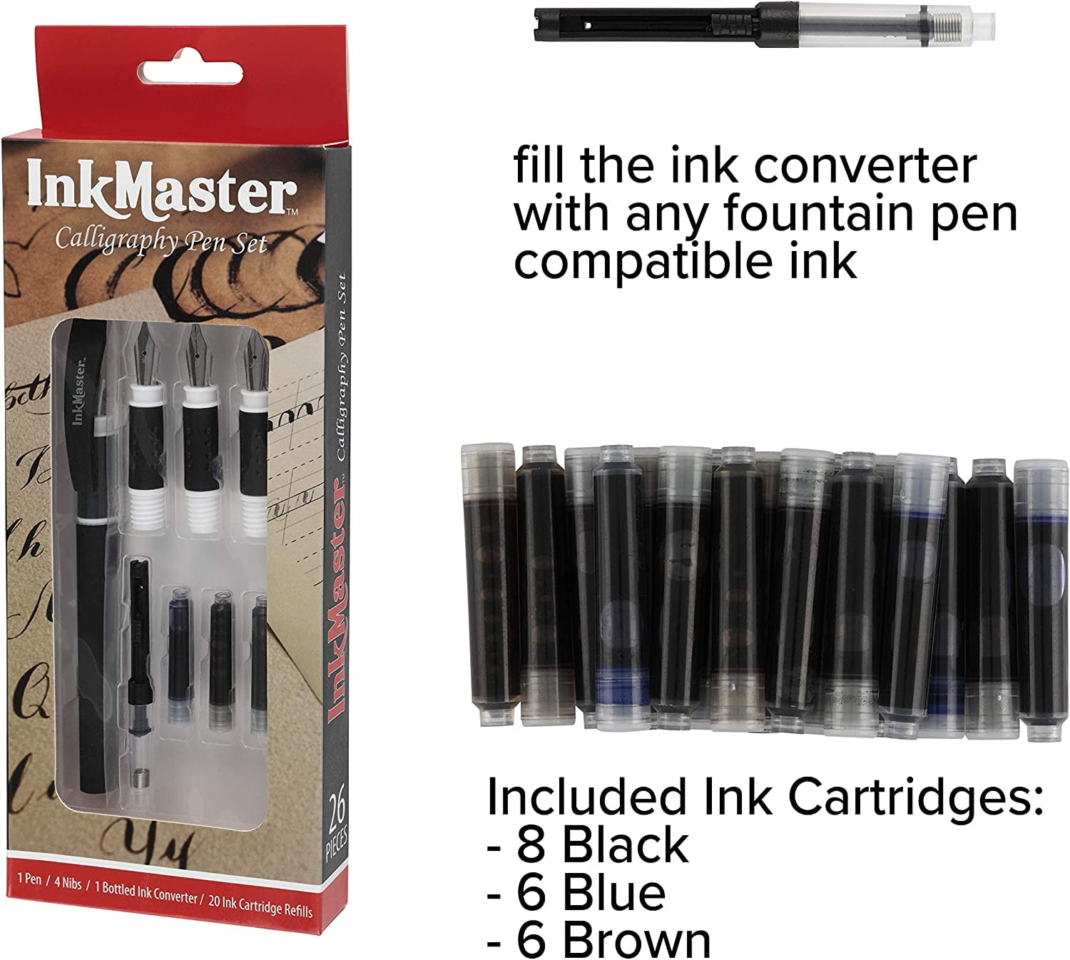  Yokra Fountain Pen Set with Ink and Converter (No Instructions  Included)- Caligraphy Pens for Writing, Medium Nib, 6 Ink Cartridges (3  Black ink,3 Blue ink), Best Pens for Smooth Writing