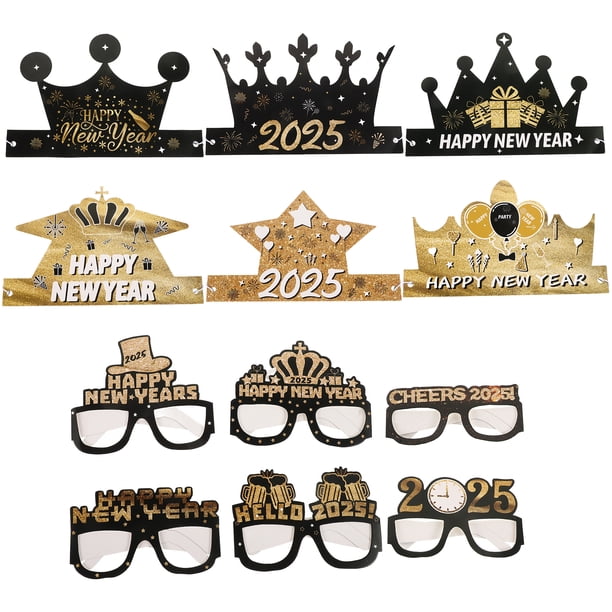 12 gafas y sombreros de papel para fiestas de Año Nuevo 2025. Accesorios para gafas y gorros de papel con temática de Año Nuevo.