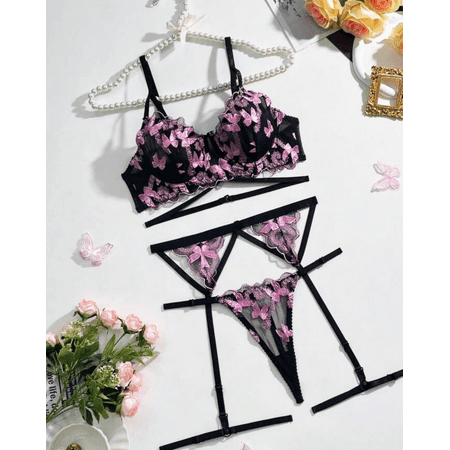 Black and Pink Lingerie Set Butterfly Embroidery Garter Belt