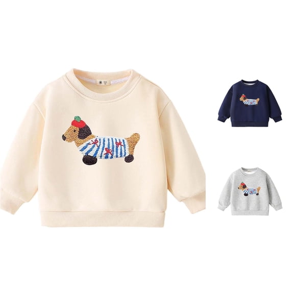 Trendfront Girls Cartoon Dog Embroidered Graphic Crewneck Sweatshirts Long Sleeve Fall Winter Casual Pullover Sweatshirt Tops
