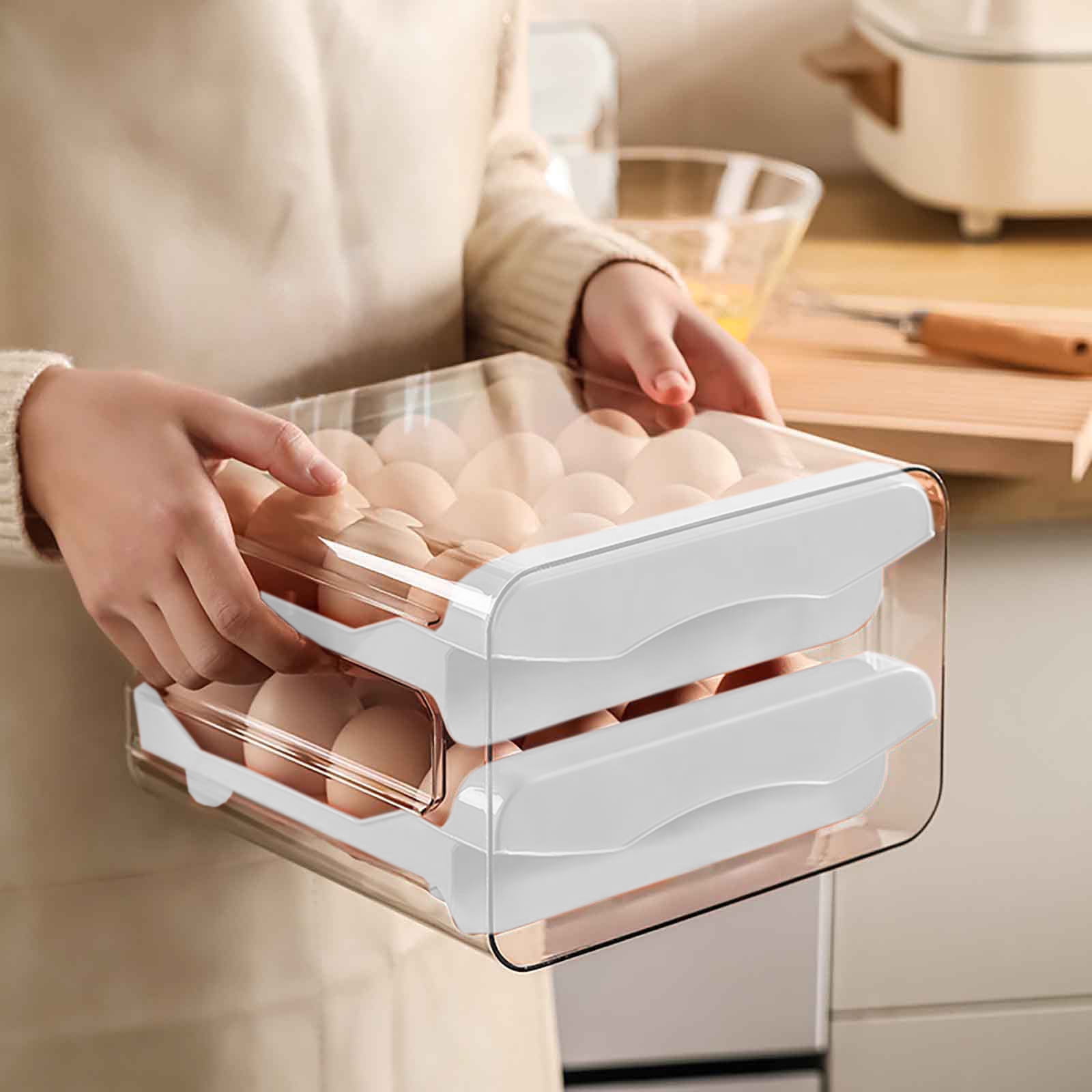 Lcxifdre Slide-Out Drawer Refrigerator Egg Storage Box - 2 Tier Shockproof Plastic Organizer, Space Saving Stackable Counter Storage Egg Holder Container