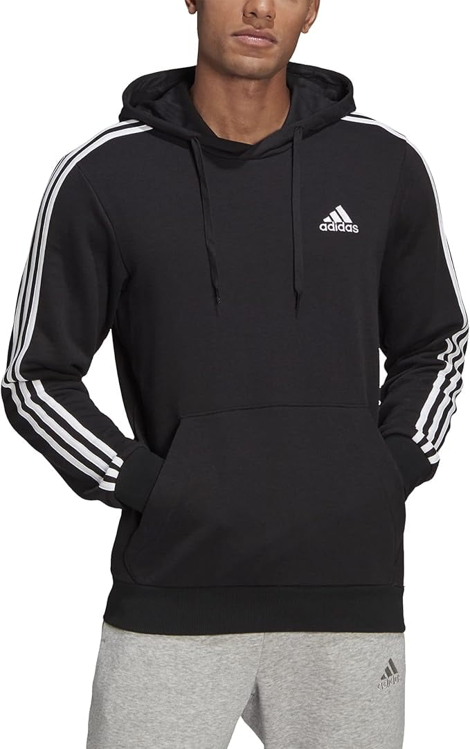 adidas Men's Essentials 3-Stripes French Terry Hoodie, Black/White, Large