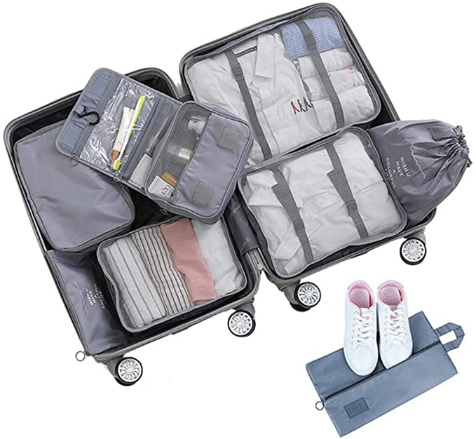 7 Set Packing Cubes for suitcases,Travel accessories &Luggage Organizers with Laundry Bag & Shoes Bag gray 