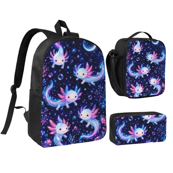 Cute Axolotl Fantasy Backpack Set 3pc Including Backpack, Lunch Bag and Pen Bag Combination