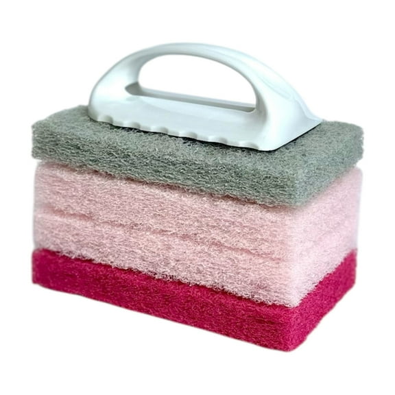 Bright Box Pink Scrubber Set with Handle, 4ct – Non-Scratch Scrub Pads Ergonomic Grip