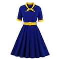 thumbnail image 1 of Soldes d'Été Iumwxz Robes à Col à Revers Manches Courtes pour Femmes Tunique Rétro à Fermeture Éclair Robe à Grand Ourlet avec Ceinture Robe Graphique à Blocs de Couleur Robe d'Invitée de Mariage Robes Amples et Fluides, 1 of 3
