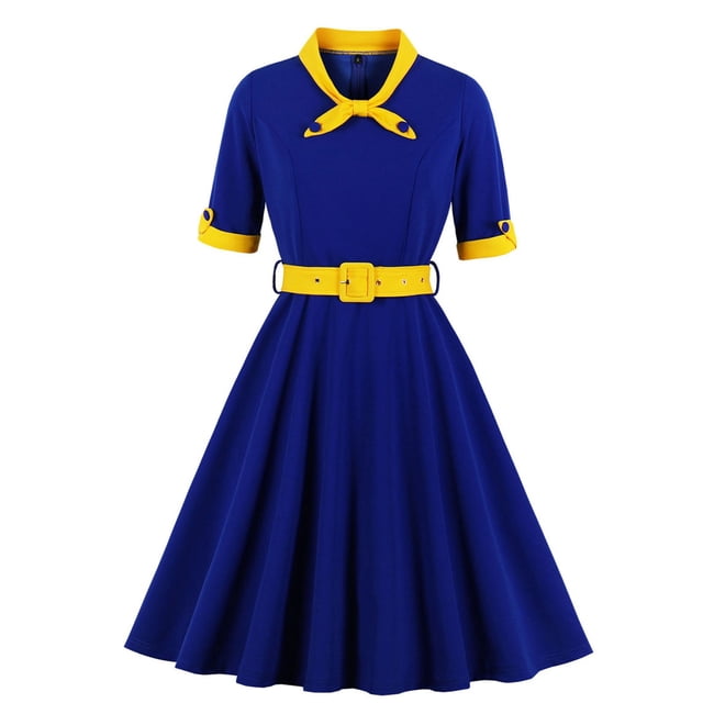 Soldes d'Été Iumwxz Robes à Col à Revers Manches Courtes pour Femmes Tunique Rétro à Fermeture Éclair Robe à Grand Ourlet avec Ceinture Robe Graphique à Blocs de Couleur Robe d'Invitée de Mariage Robes Amples et Fluides