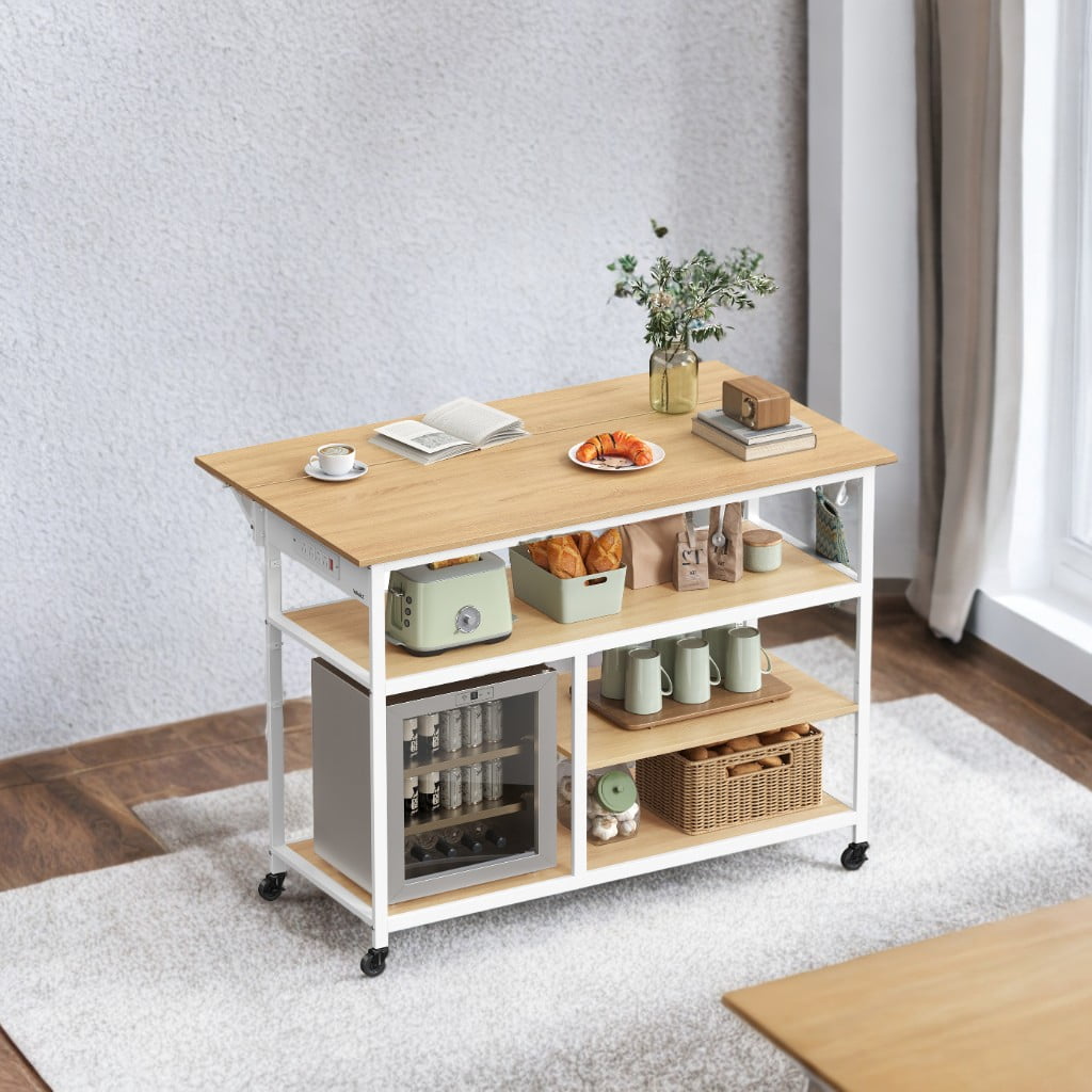 LEDREM Kitchen Island Cart with Extendable Worktop - 47.2" Wide, Power Strip, Adjustable Shelf & Pegboard, Locking Wheels, Golden Oak and White