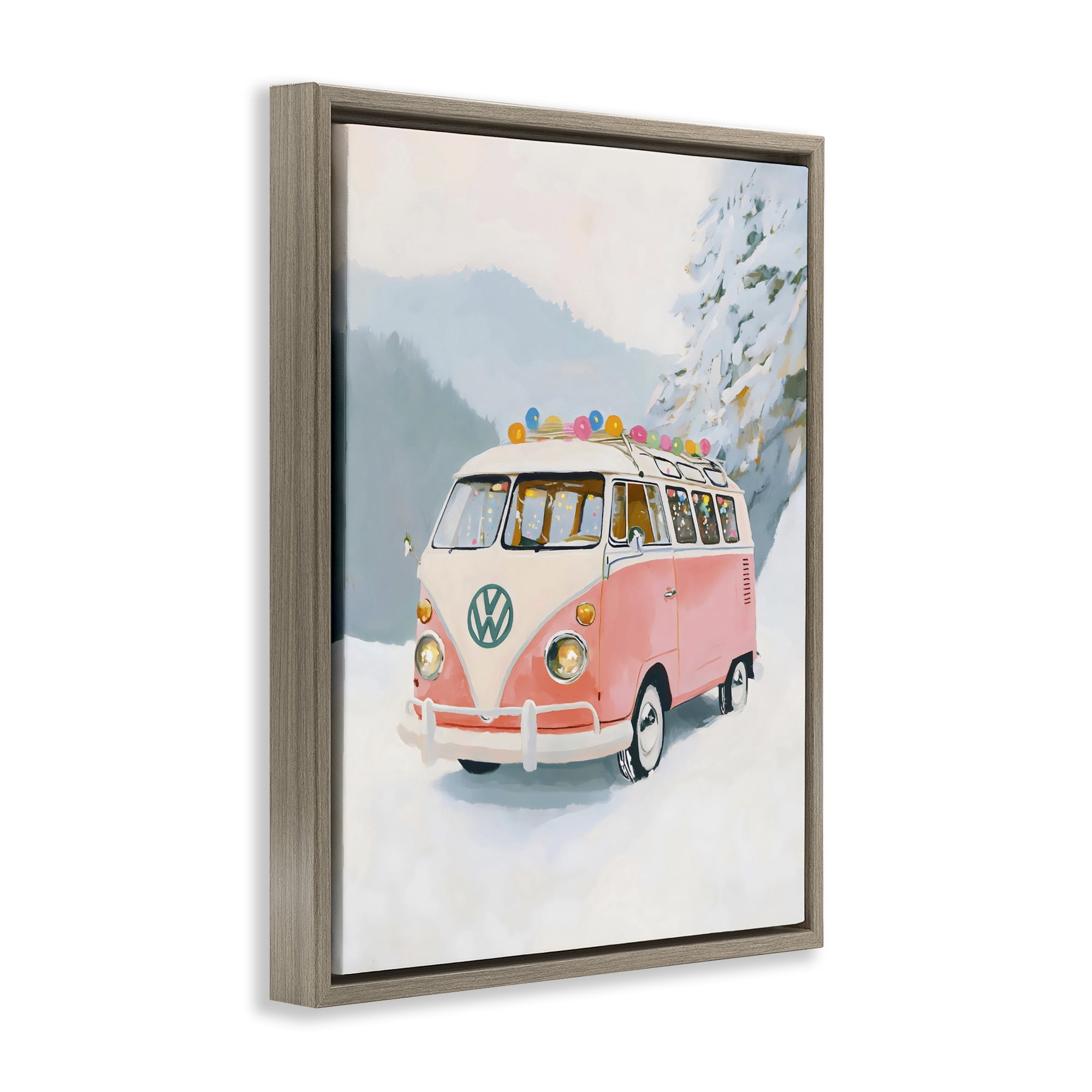 Stupell Industries Pink Christmas Van in Snow Brown Framed Floater Canvas Wall Art, design by The Prints Vibe