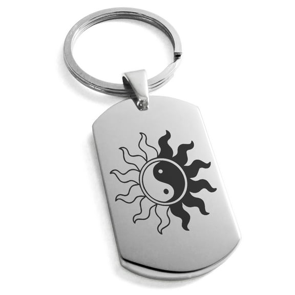 Stainless Steel Blazing Sun Yin Yang Engraved Dog Tag Keychain Keyring