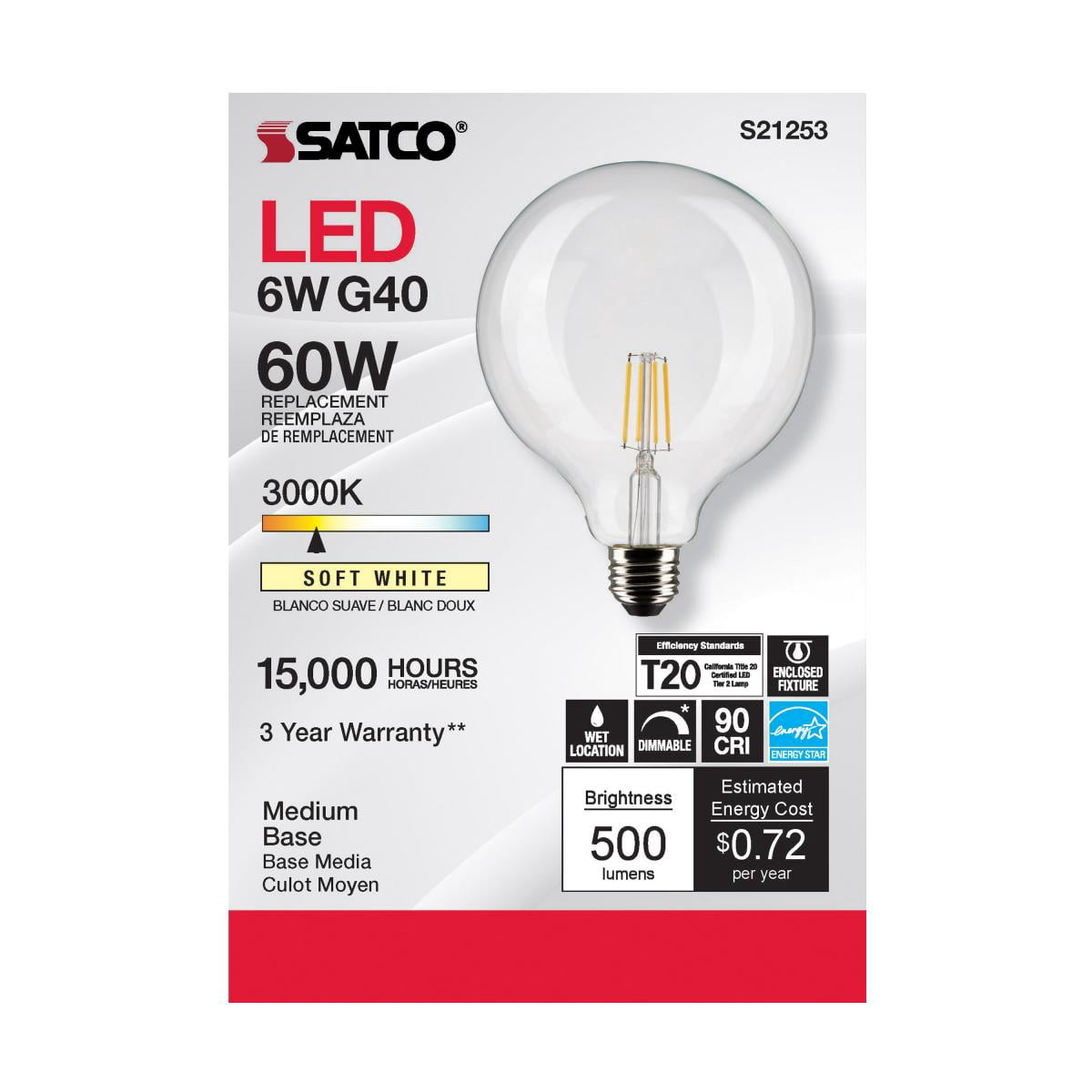 Satco S21253 G40 Globe LED Light Bulbs 6W 120V 3000K 90CRI E26 Medium Base Dimmable (6 Pack)