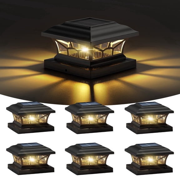 Solar Lights for Fence Post Cap Outdoor Deck 6 Pack for 4x4/5x5/6x6 Wooden/Vinyl Posts Two Light Modes LED Warm/Cool White Decor for Garden Patio. (Black, 6)