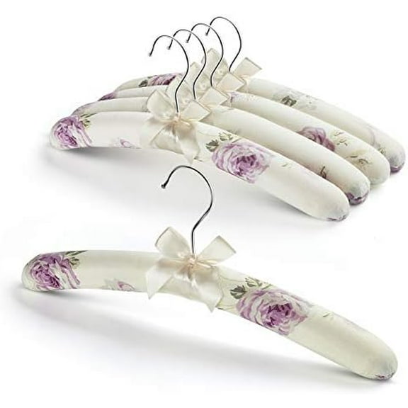 Satin Padded Hangers for Women Clothing - Floral Sweater Hangers No Bump - Padded Coat Hanger for Wedding - Thick Foam Silk Clothes Hanger for Adult (Pack of 5)