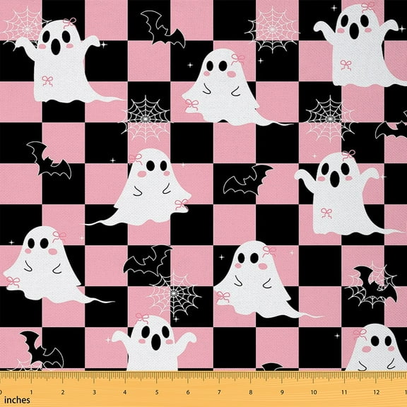 jejeloiu Cartoon Halloween Ghost Fabric by the Yard 1 Yard,Patchwork Geometric Checkered Home Decor Fabric by the Yard,White Pink Black Sewing Fabric For Boys Girls,Breathable Home Decor
