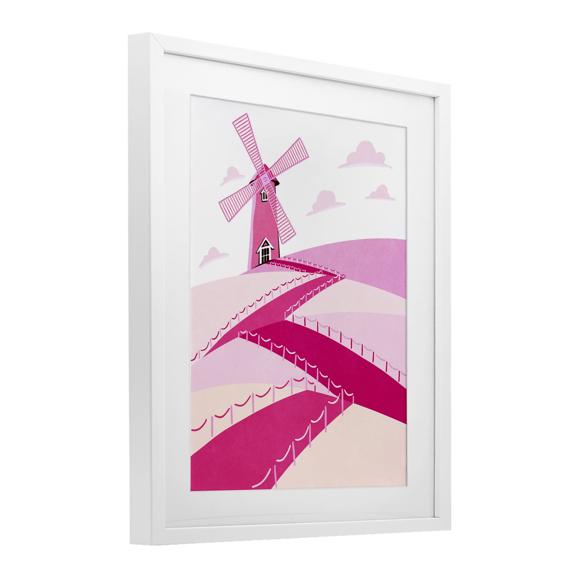 Pink Hills and Windmill White Framed Print Under Glass, design by Ziwei Li