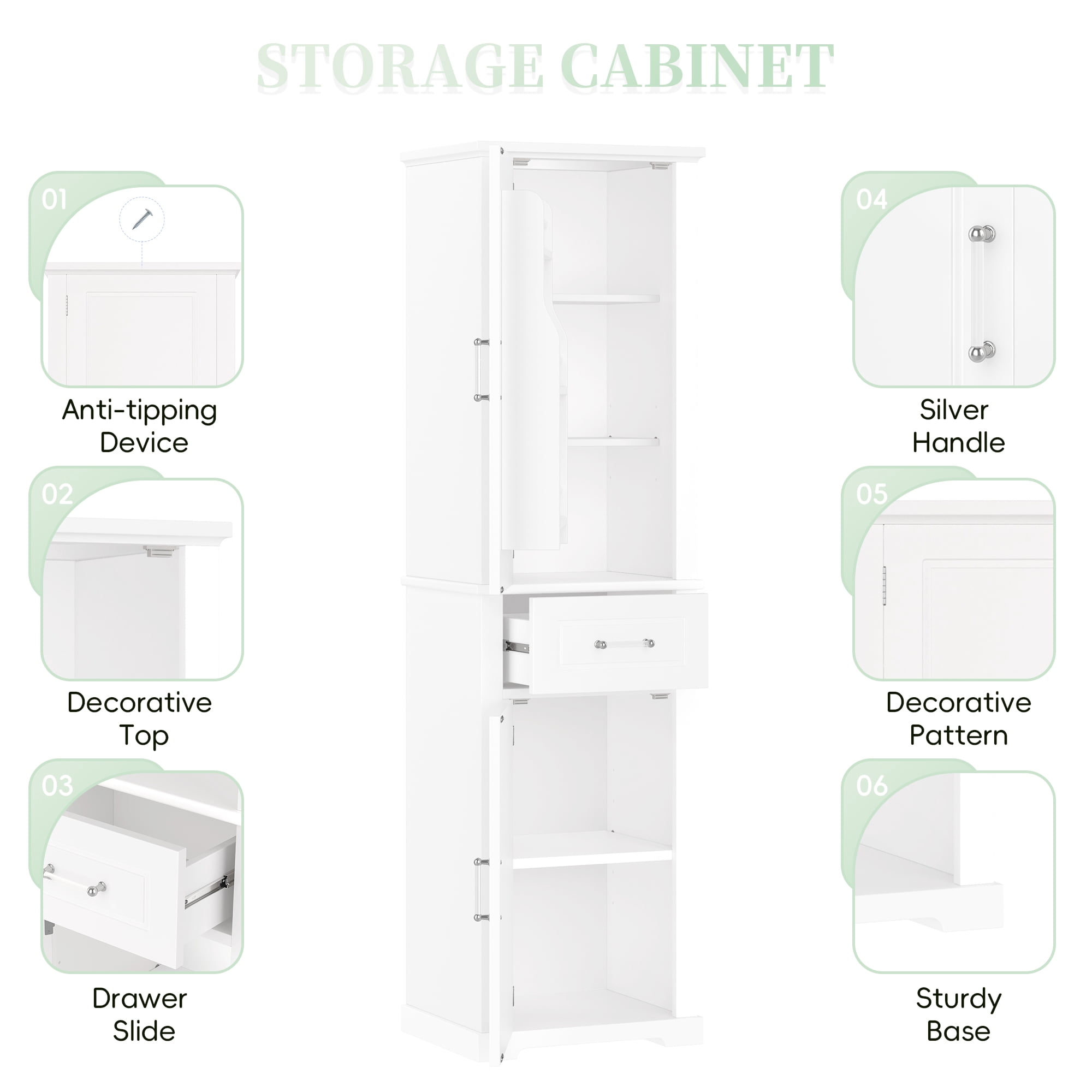 Euroco Tall Storage Cabinet with Adjustable Shelves, Drawers and Anti-Tip Kit, Acrylic Handles, Waterproof MDF