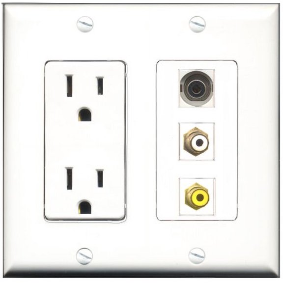 RiteAV - 15 Amp Power Outlet 1 Port RCA White 1 Port RCA Yellow 1 Port 3.5mm Decorative Wall Plate