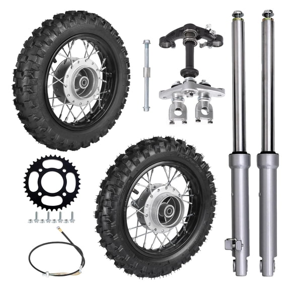 2.50-10 Front & Rear Wheels Rims Tires Assembly 2.5-10 Drum Brake & 520mm Front Forks Triple Tree Kit for Dirt Pit Bike CRF50 XR50 TTR50 PW50 SSR Coolster 70cc 90cc 110cc Mini Trail Bike Razor