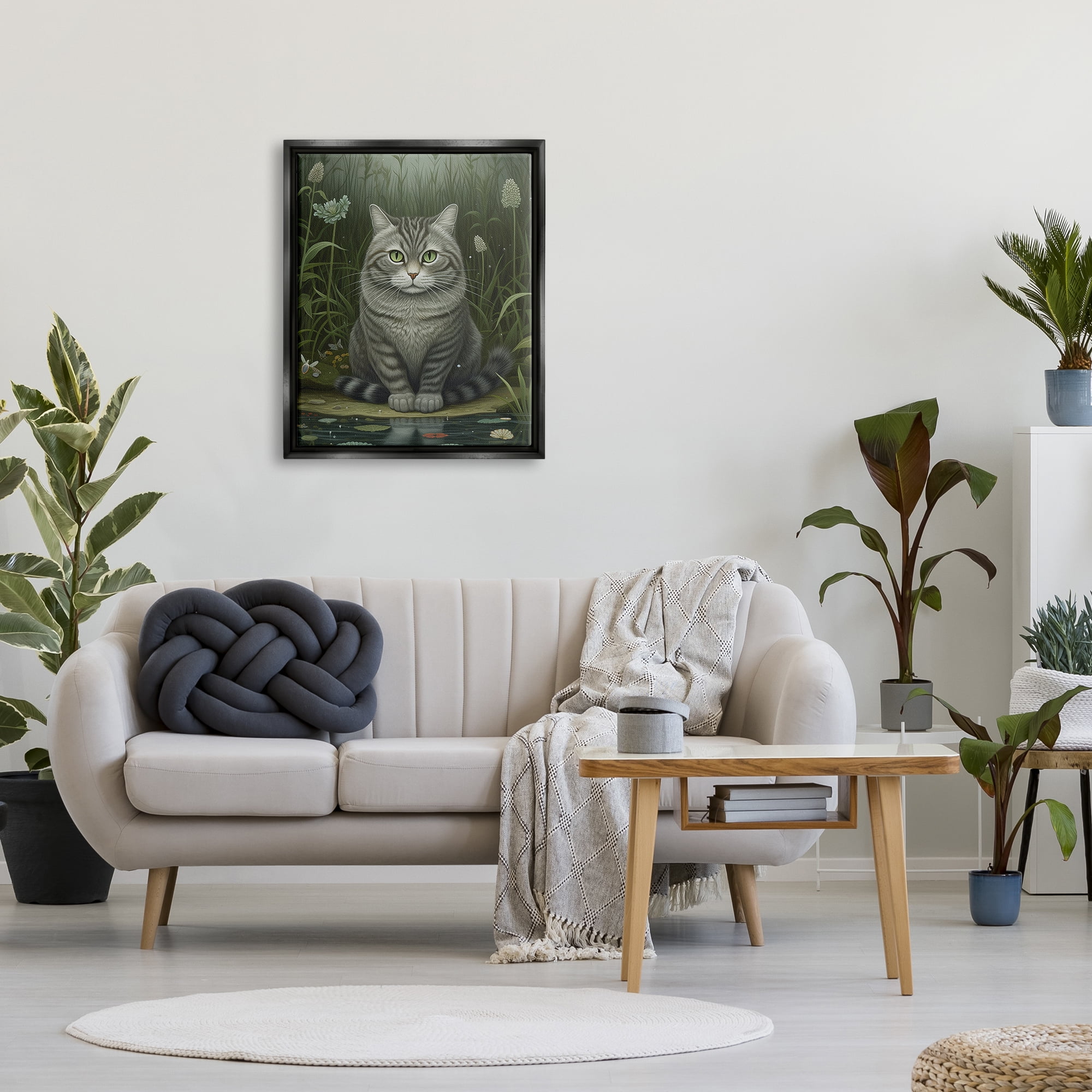Stupell Industries Cat & Pond Lilies Animals & Insects Painting Black Floater Framed Art Print Wall Art, 25 x 31