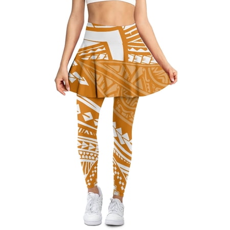 COEQINE Women Elastic Yoga Skirted Legging with Pockets Ruffle Pleated Comfy Tennis Leggings with Skirts Yellow Polynesian Ethnic Tribal Print High Waist Golf Skort Pants XS