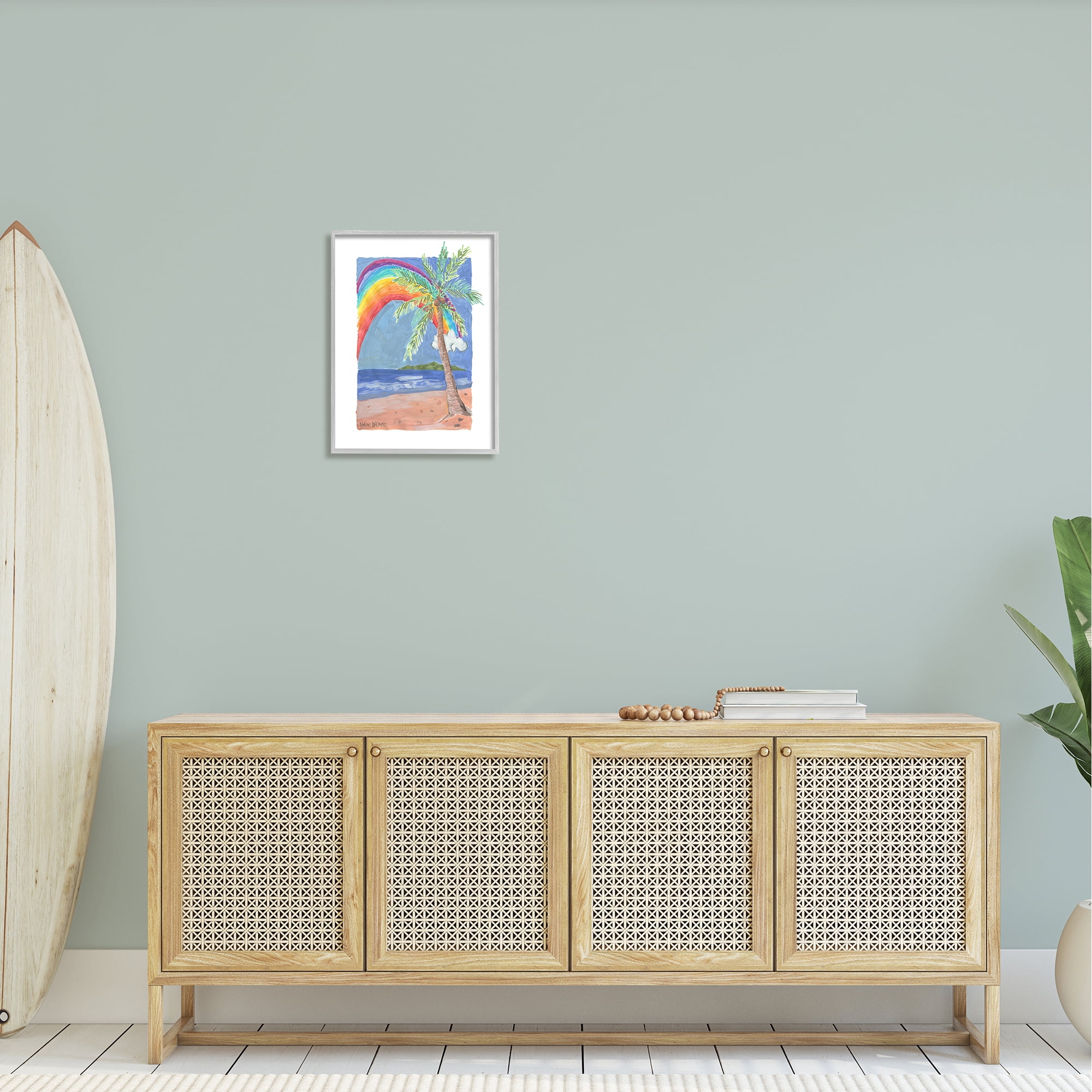 Stupell Industries Whimsical Rainbow Over Beach Tropical Palm Tree Painting Gray Framed Art Print Wall Art, Design by Valerie Wieners