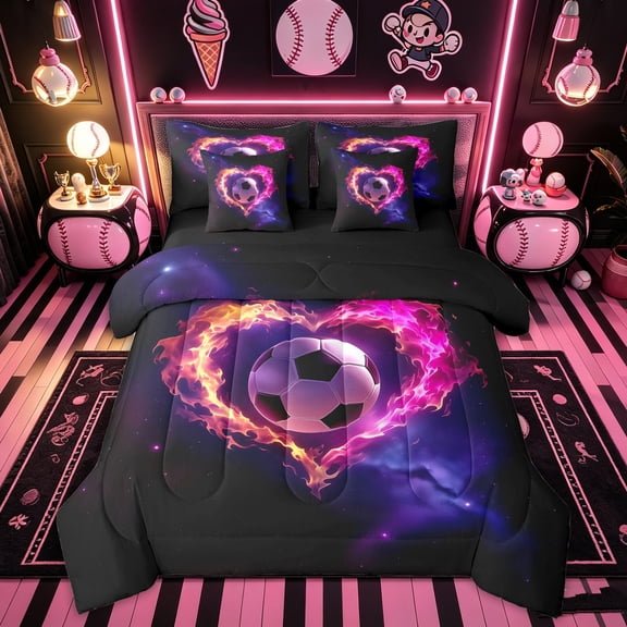 Feelyou Love Heart Fire Soccer Twin Bedding for Girls, Pink Orange Flames Galaxy Bedding Comforter Set, Black Reversible, 7-Piece