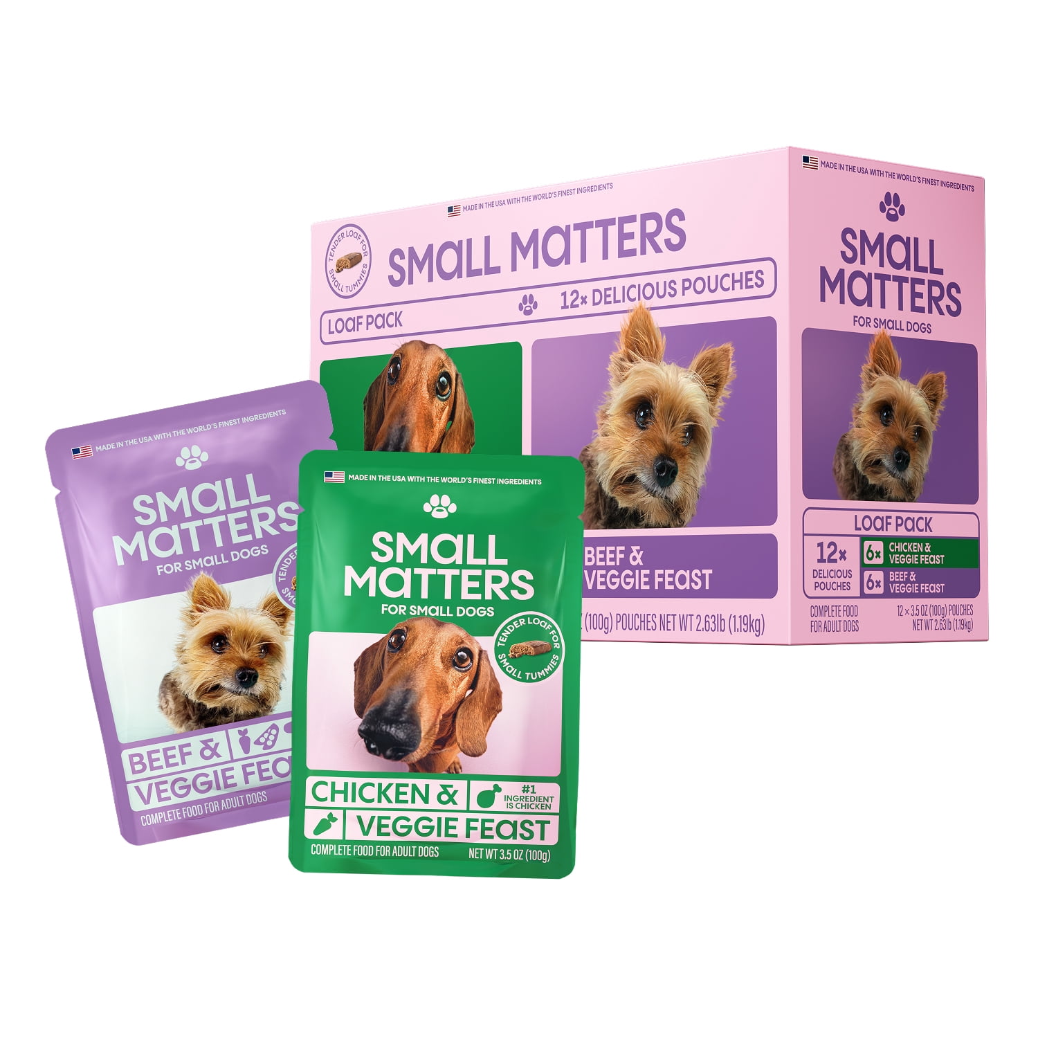 (2 pack) Small Matters Adult Dog Food for Small Dogs, Beef & Chicken Veggie Feast Variety Pack, 3.5oz x 12 Packs
