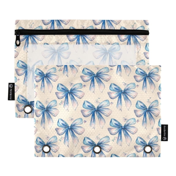 2 Pack 3 Ring Binder Pouch with Clear PVC Window Water Resistant Zipper Pencil Pouch Watercolor Blue Bows Binder Pocket for Classroom Office Home Stationery Organization