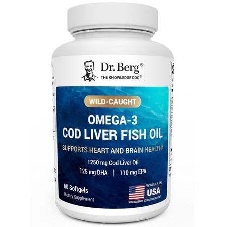 Dr. Berg Omega-3 Cod Liver Oil Softgels – 1250 mg Fish Oil with EPA DHA, Natural Lemon Flavor, 60 Count