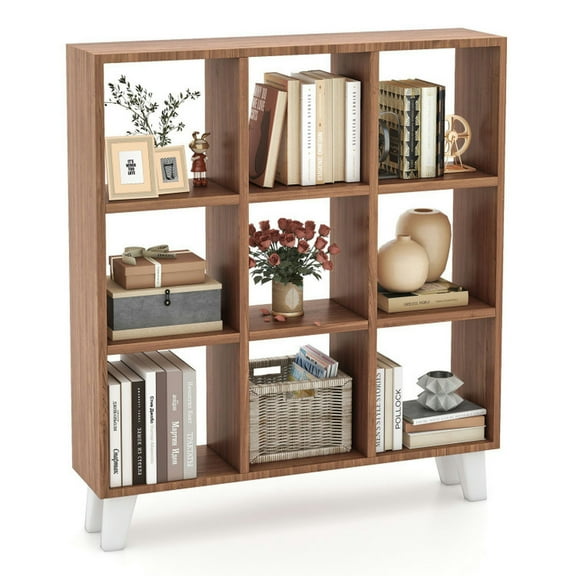 GVN Bookcases,9-Cube Bookcase with 6 Removable Shelves and Raised Support Feet-Brown