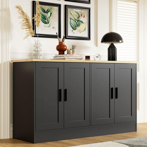53" Black Buffet Cabinet with Storage, Modern Kitchen Sideboard with 4 Doors and Adjustable Shelves